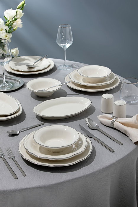 Hermia Platin Yaldız Fulya 53 YTKM Juego de Cena de Porcelana Blanco y Plata